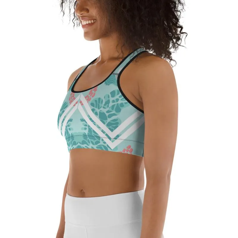 Soft Blue Women's Sports Bra, White Stripe Floral Unpadded Yoga Bra- Made in USA/ EU