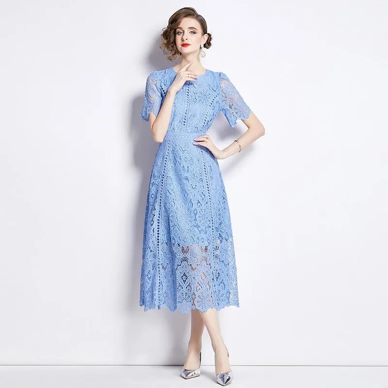 Solid Lace O Neck Cake Skirt Dresses