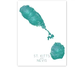 St. Kitts and Nevis Map Print, Turquoise Topographic Saint Kitts Island Wall Art Poster