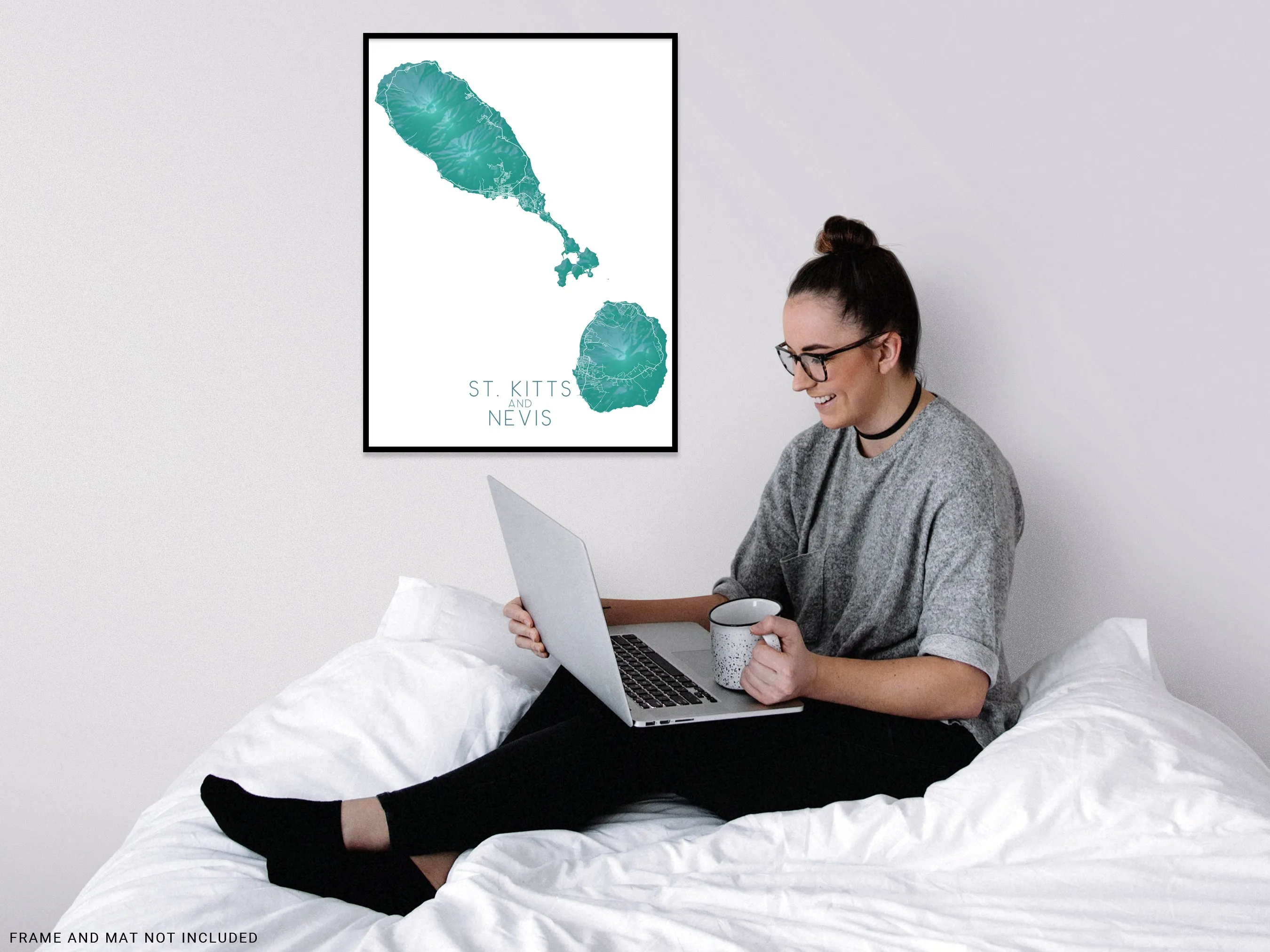 St. Kitts and Nevis Map Print, Turquoise Topographic Saint Kitts Island Wall Art Poster