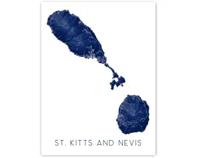 St. Kitts and Nevis Map Wall Art Print Poster - Topographic Map of Saint Kitts and Nevis, Caribbean Islands