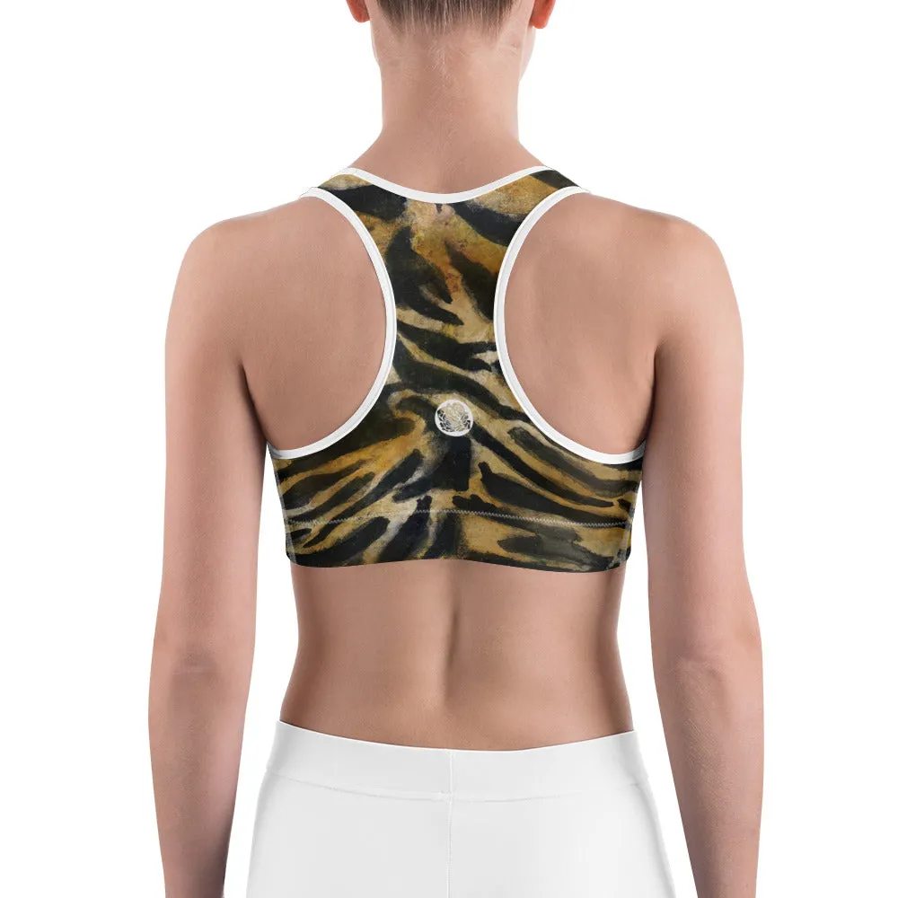 Tiger Stripe Sports Bra, Brown Animal Print Women's Yoga Bra-Made in USA/EU (US Size: XS-2XL)
