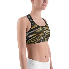Tiger Stripe Sports Bra, Brown Animal Print Women's Yoga Bra-Made in USA/EU (US Size: XS-2XL)
