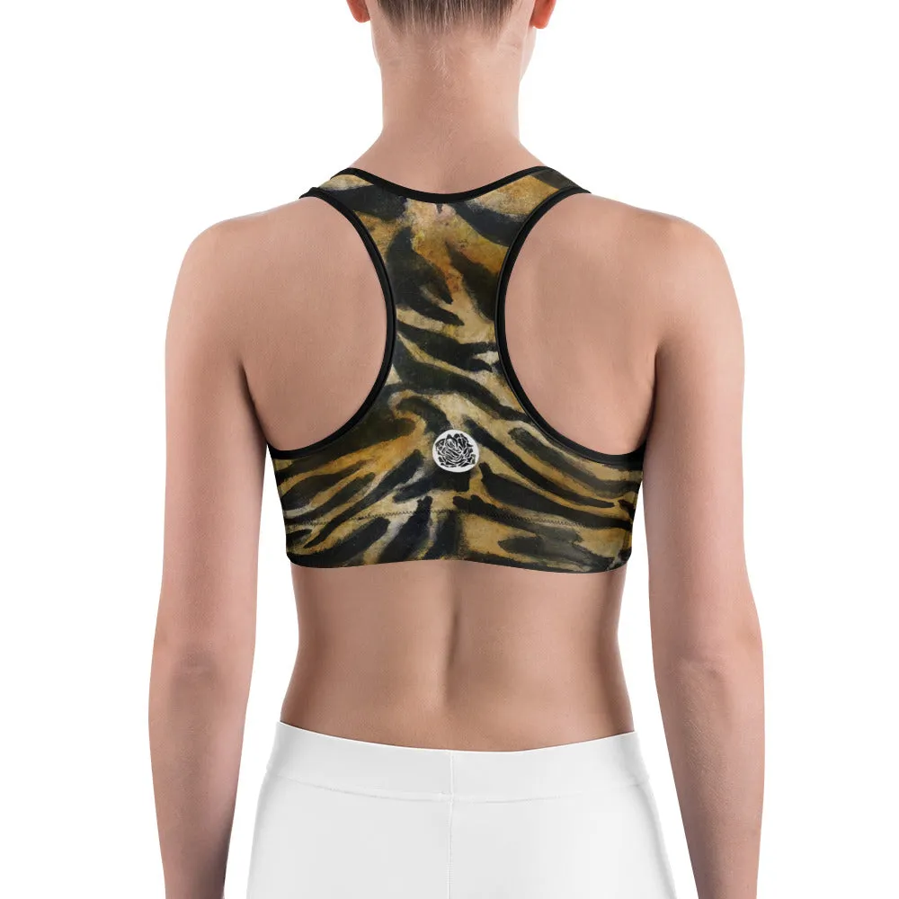 Tiger Stripe Sports Bra, Brown Animal Print Women's Yoga Bra-Made in USA/EU (US Size: XS-2XL)