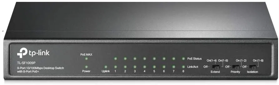 TP-LINK (TL-SF1009P) 9-Port 10/100 Unmanaged Desktop Switch, 8 Port PoE , Steel Case