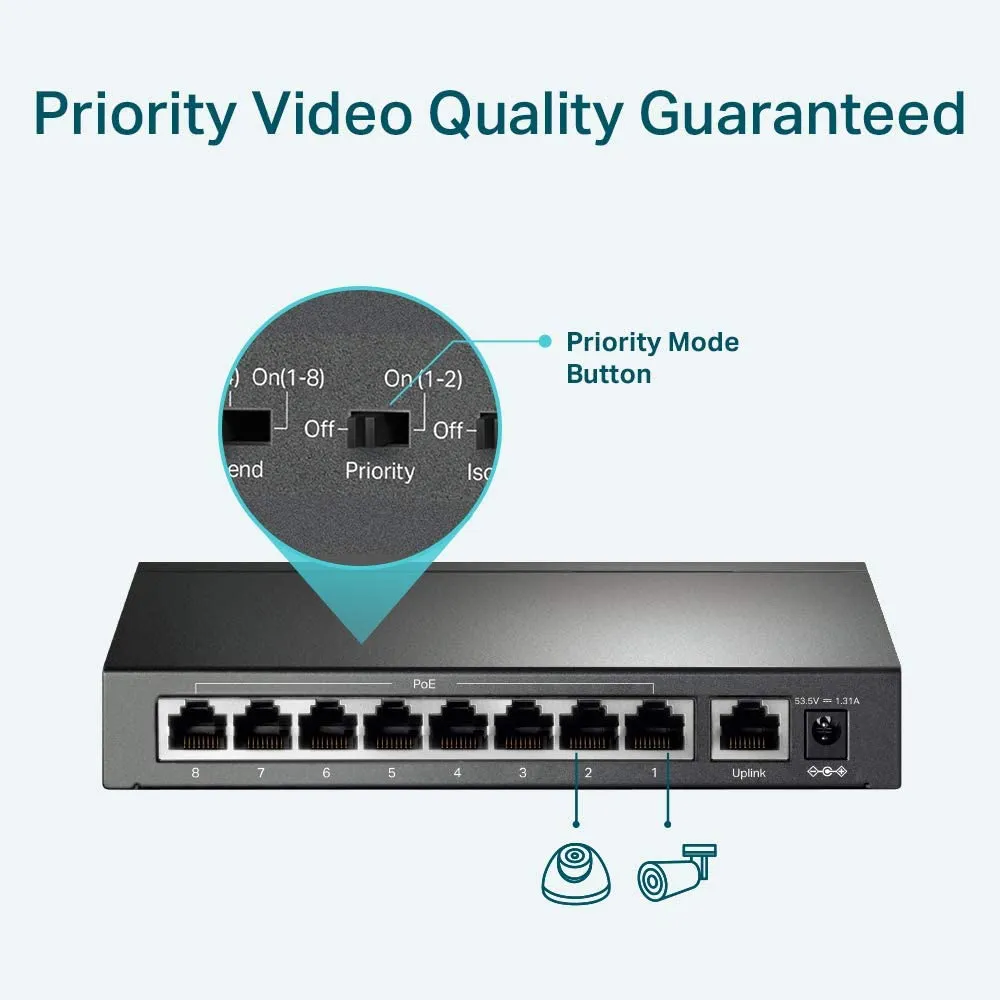 TP-LINK (TL-SF1009P) 9-Port 10/100 Unmanaged Desktop Switch, 8 Port PoE , Steel Case