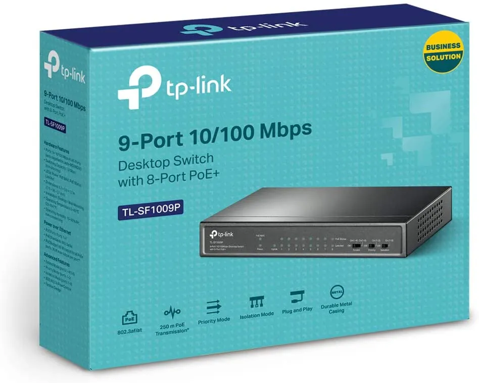 TP-LINK (TL-SF1009P) 9-Port 10/100 Unmanaged Desktop Switch, 8 Port PoE , Steel Case
