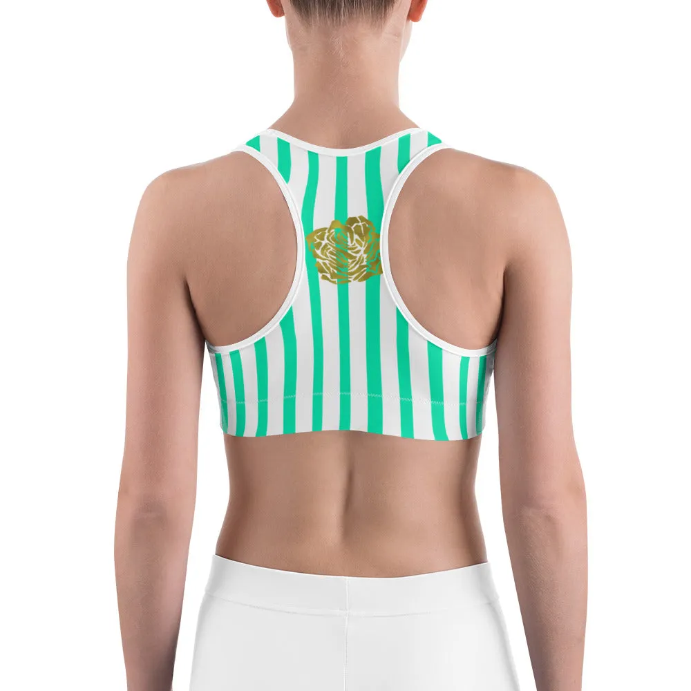 Turquoise Blue Floral Gym Bra, Floral Vertical Stripe Women's Yoga Sports Bra - Made in USA/ EU