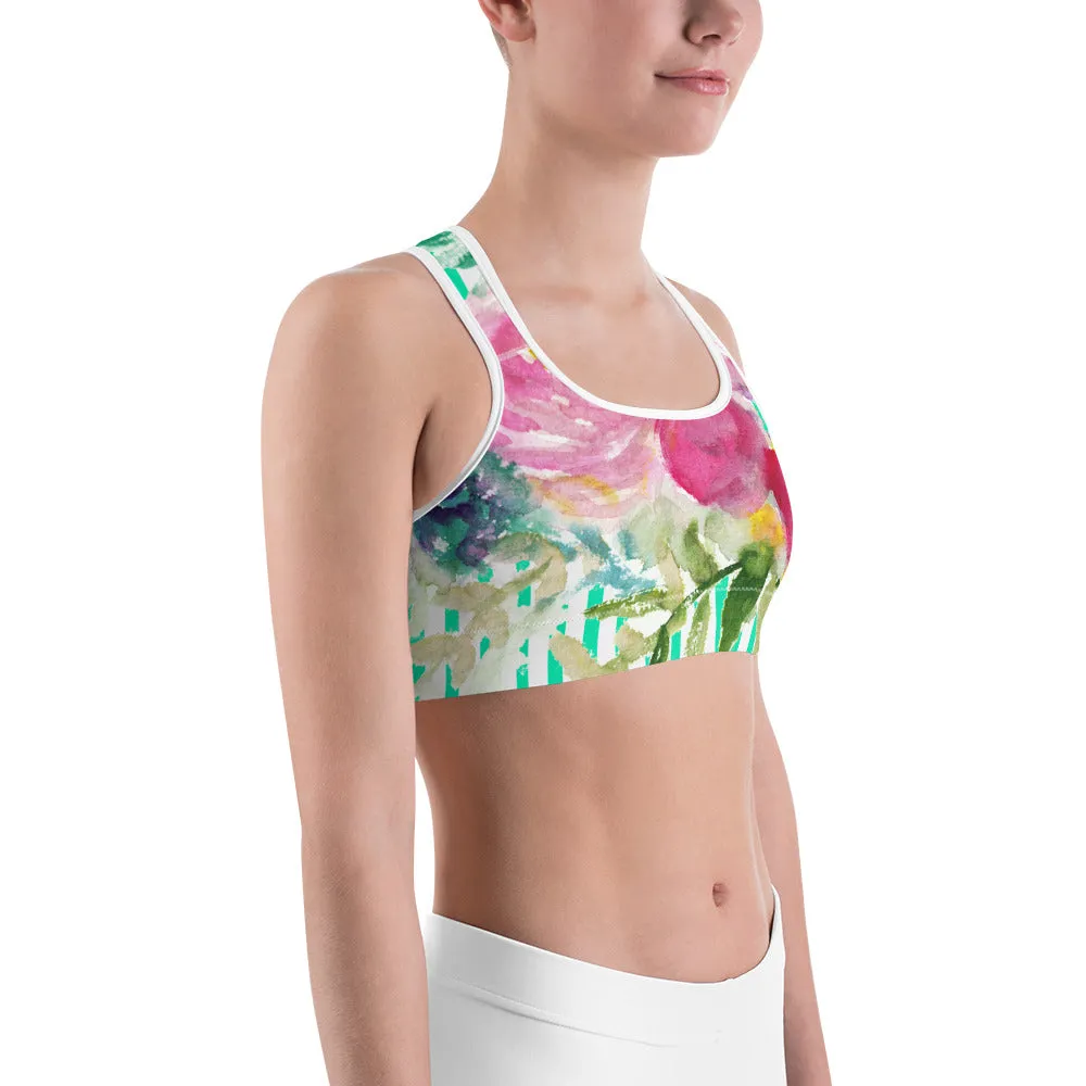 Turquoise Blue Floral Gym Bra, Floral Vertical Stripe Women's Yoga Sports Bra - Made in USA/ EU