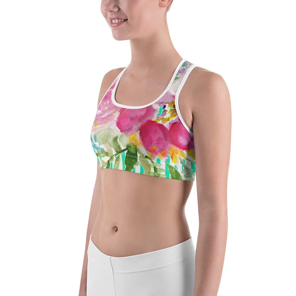 Turquoise Blue Floral Gym Bra, Floral Vertical Stripe Women's Yoga Sports Bra - Made in USA/ EU