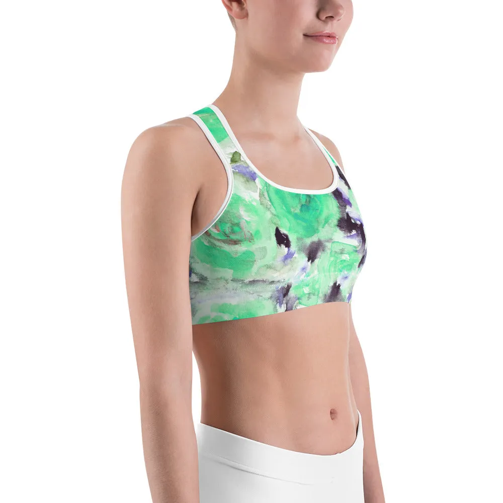 Turquoise Blue Floral Sports Bra, Rose Print Women's Yoga Bra-Made in USA/ EU (US Size: XS-2XL)