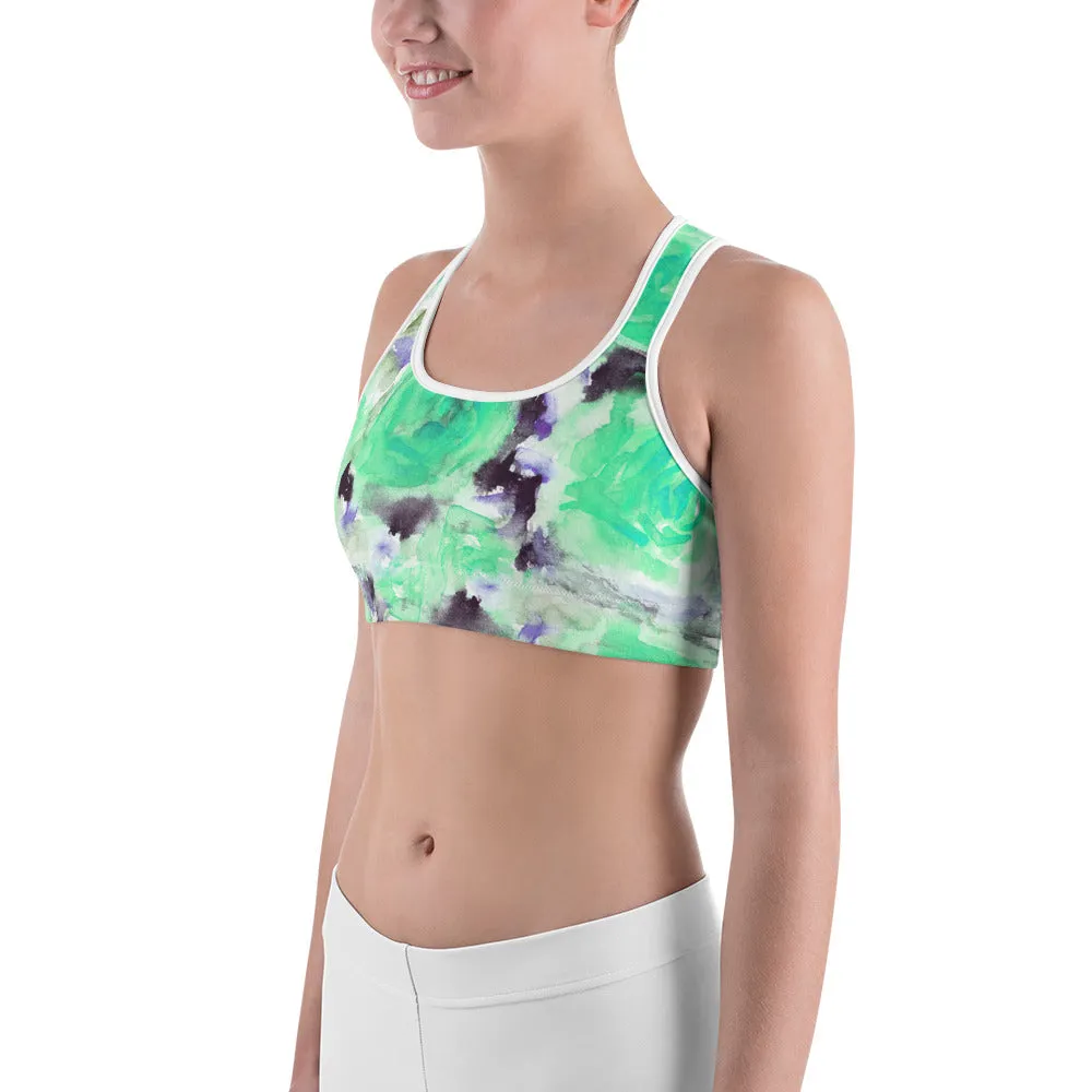 Turquoise Blue Floral Sports Bra, Rose Print Women's Yoga Bra-Made in USA/ EU (US Size: XS-2XL)