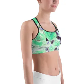 Turquoise Blue Floral Sports Bra, Rose Print Women's Yoga Bra-Made in USA/ EU (US Size: XS-2XL)