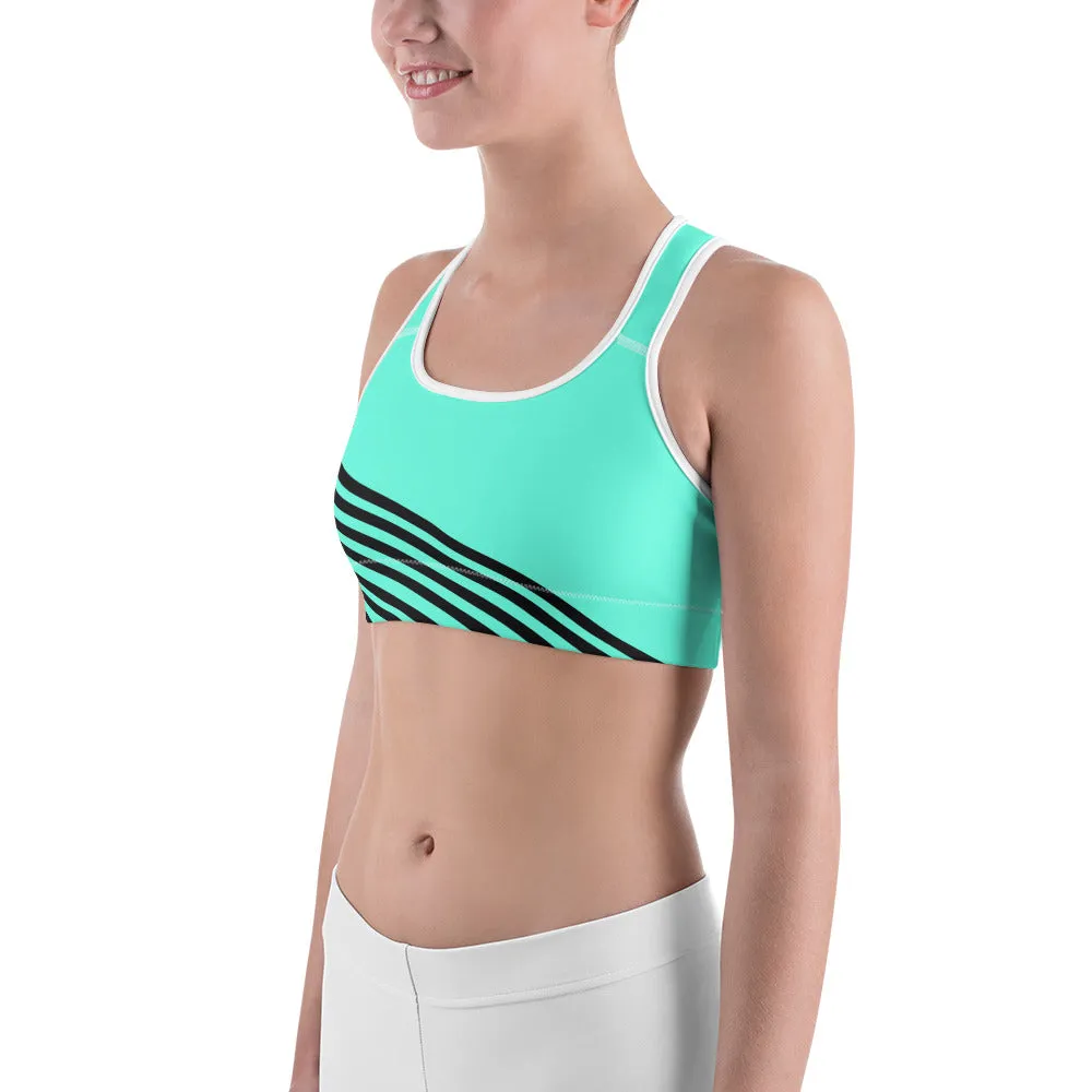 Turquoise Blue Striped Sports Bra, Black Diagonal Striped Women's Gym Bra- Made in USA
