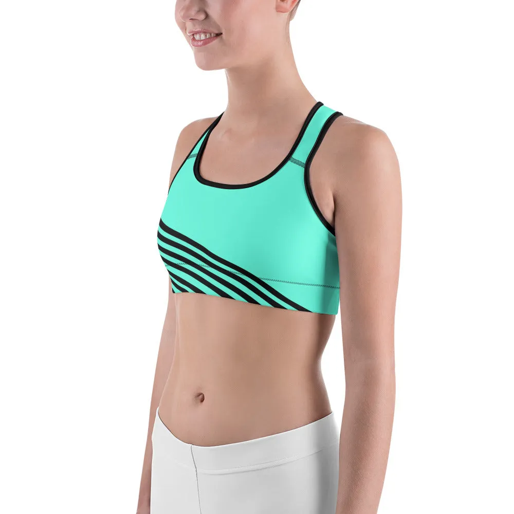Turquoise Blue Striped Sports Bra, Black Diagonal Striped Women's Gym Bra- Made in USA