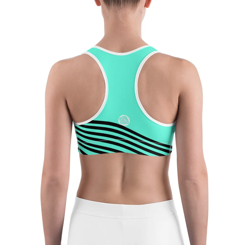 Turquoise Blue Striped Sports Bra, Black Diagonal Striped Women's Gym Bra- Made in USA