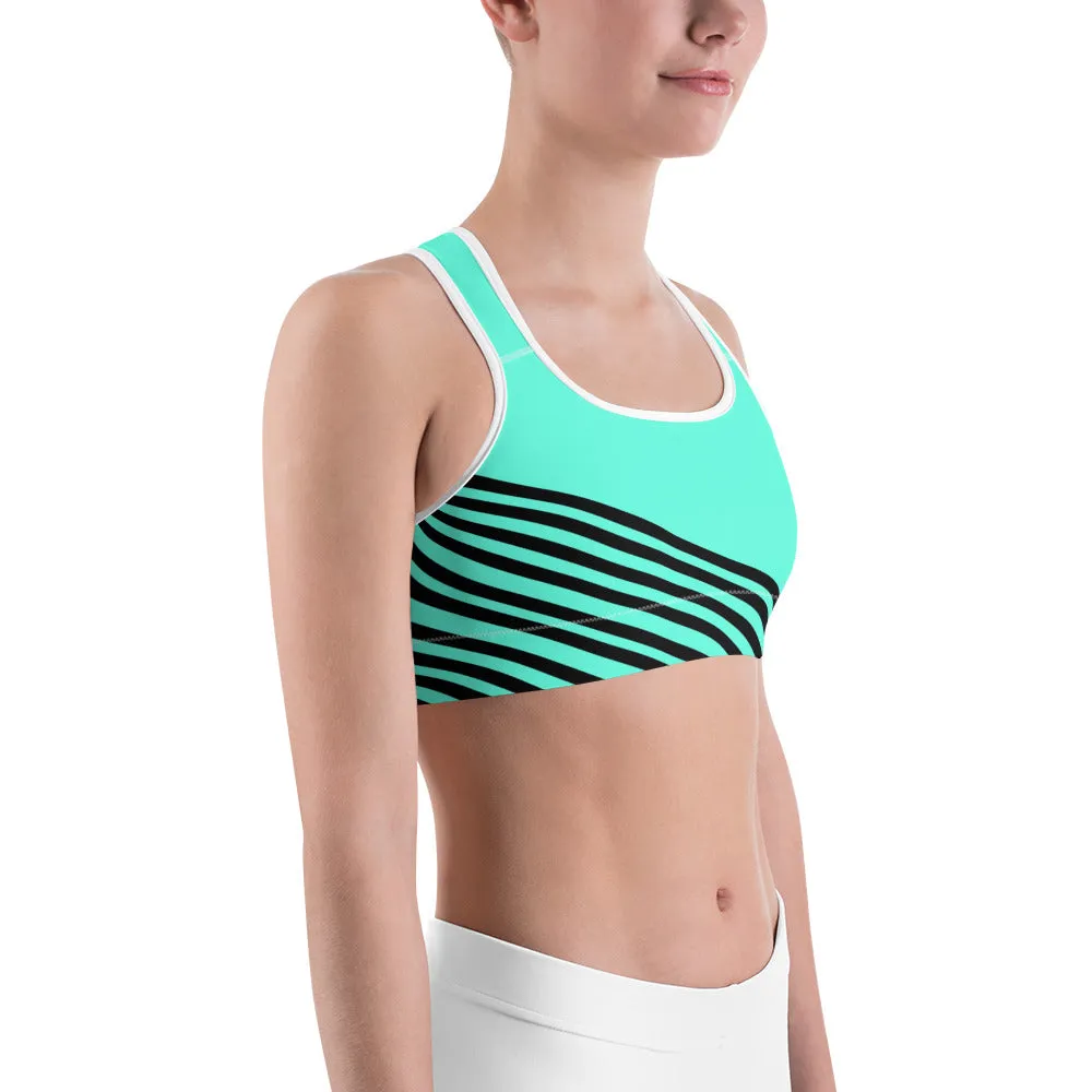 Turquoise Blue Striped Sports Bra, Black Diagonal Striped Women's Gym Bra- Made in USA