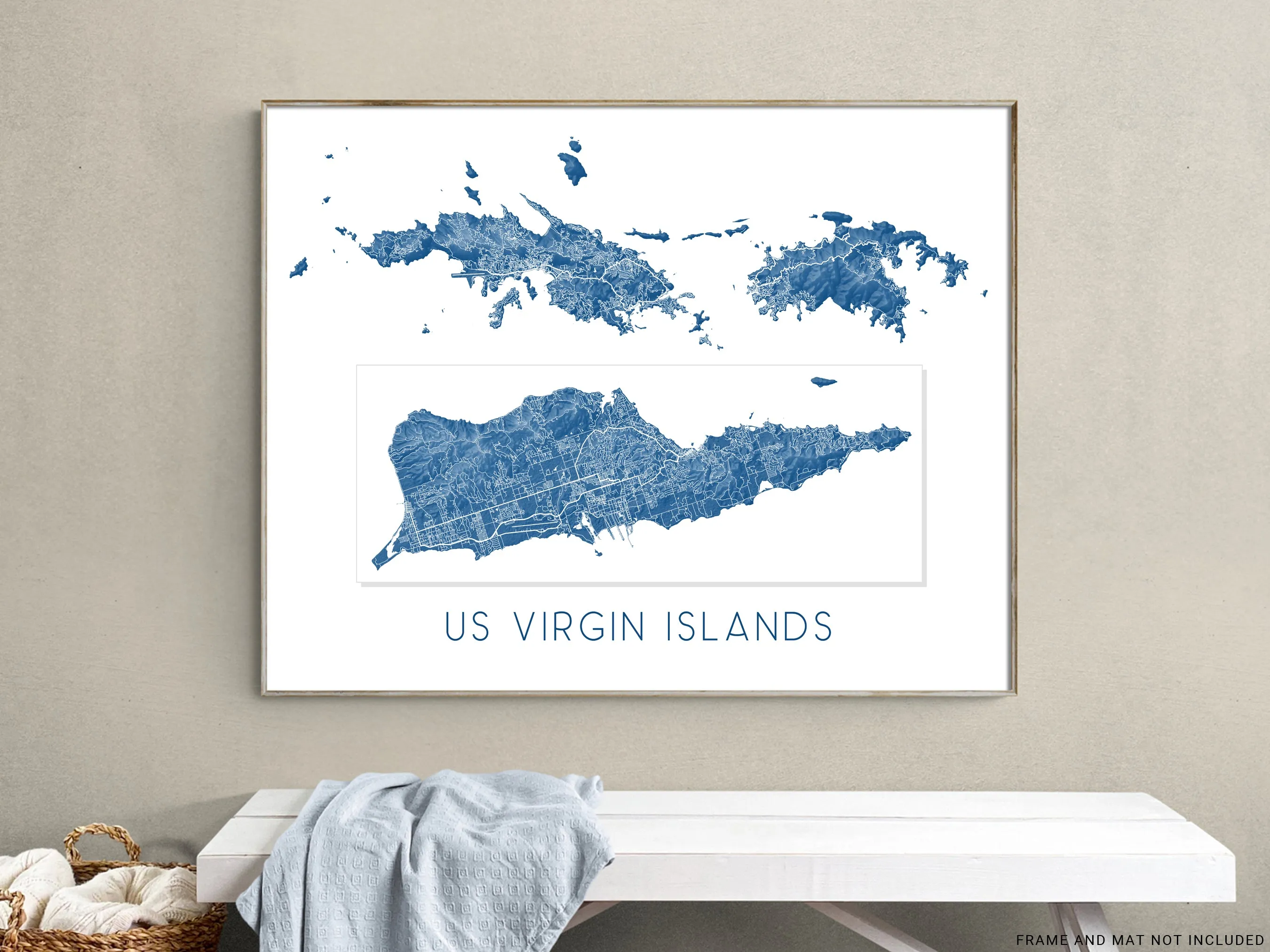 US Virgin Islands Map Print - Island Map of USVI, St. John, St. Thomas, Saint Croix Maps