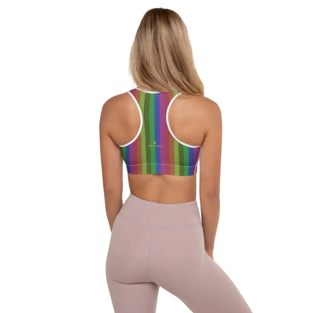 Vintage Style Rainbow Sports Bra, Vertically Stripe Women's Padded Bra-Made in USA/EU