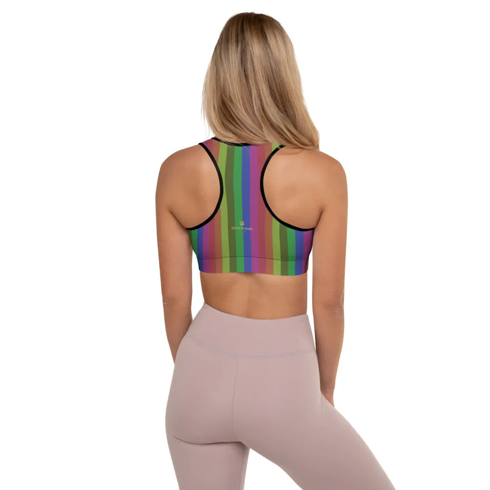Vintage Style Rainbow Sports Bra, Vertically Stripe Women's Padded Bra-Made in USA/EU