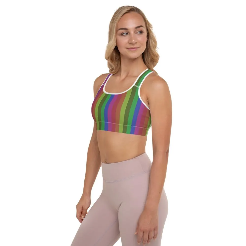 Vintage Style Rainbow Sports Bra, Vertically Stripe Women's Padded Bra-Made in USA/EU