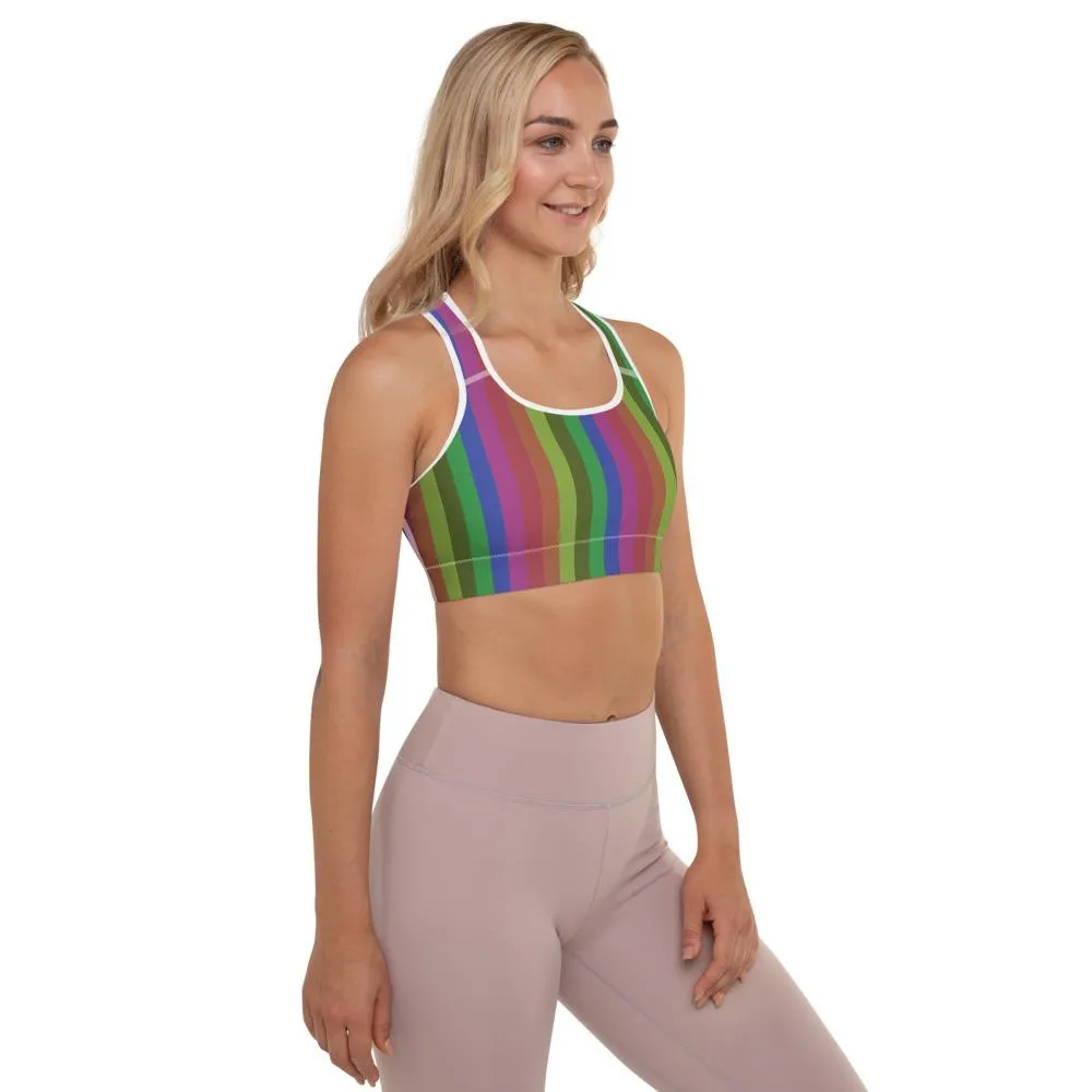 Vintage Style Rainbow Sports Bra, Vertically Stripe Women's Padded Bra-Made in USA/EU