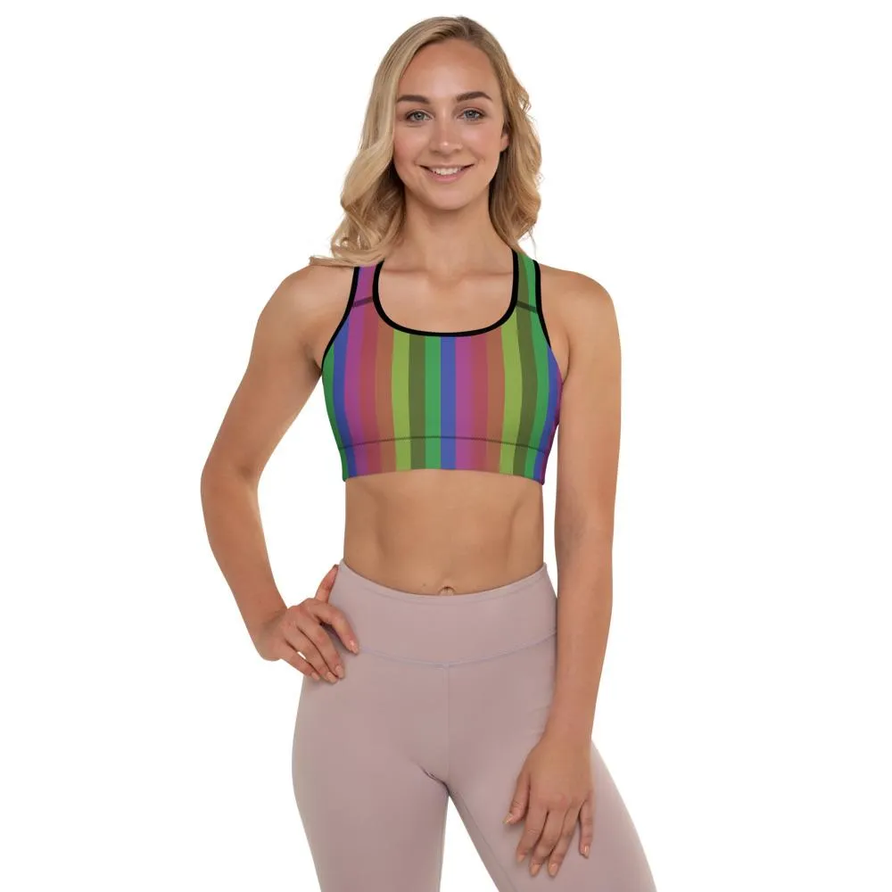 Vintage Style Rainbow Sports Bra, Vertically Stripe Women's Padded Bra-Made in USA/EU
