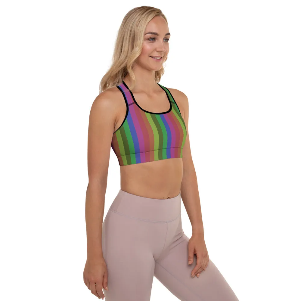 Vintage Style Rainbow Sports Bra, Vertically Stripe Women's Padded Bra-Made in USA/EU