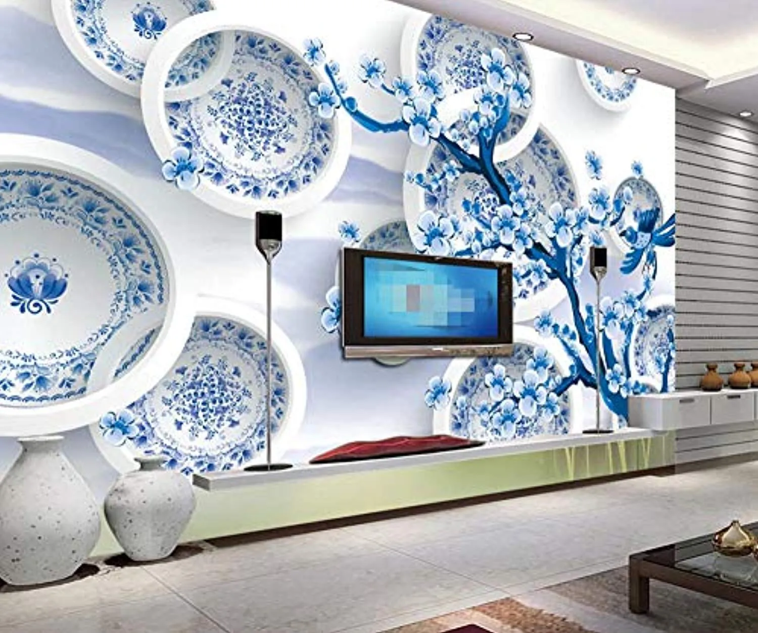 Wall Mural 3D Wallpaper Blue Porcelain Disc Flower Modern Minimalist Wall Decoration Art