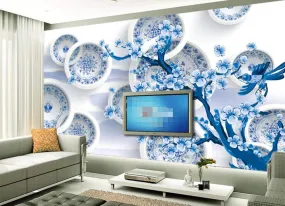 Wall Mural 3D Wallpaper Blue Porcelain Disc Flower Modern Minimalist Wall Decoration Art