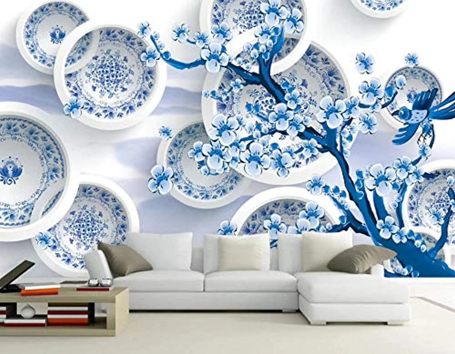 Wall Mural 3D Wallpaper Blue Porcelain Disc Flower Modern Minimalist Wall Decoration Art