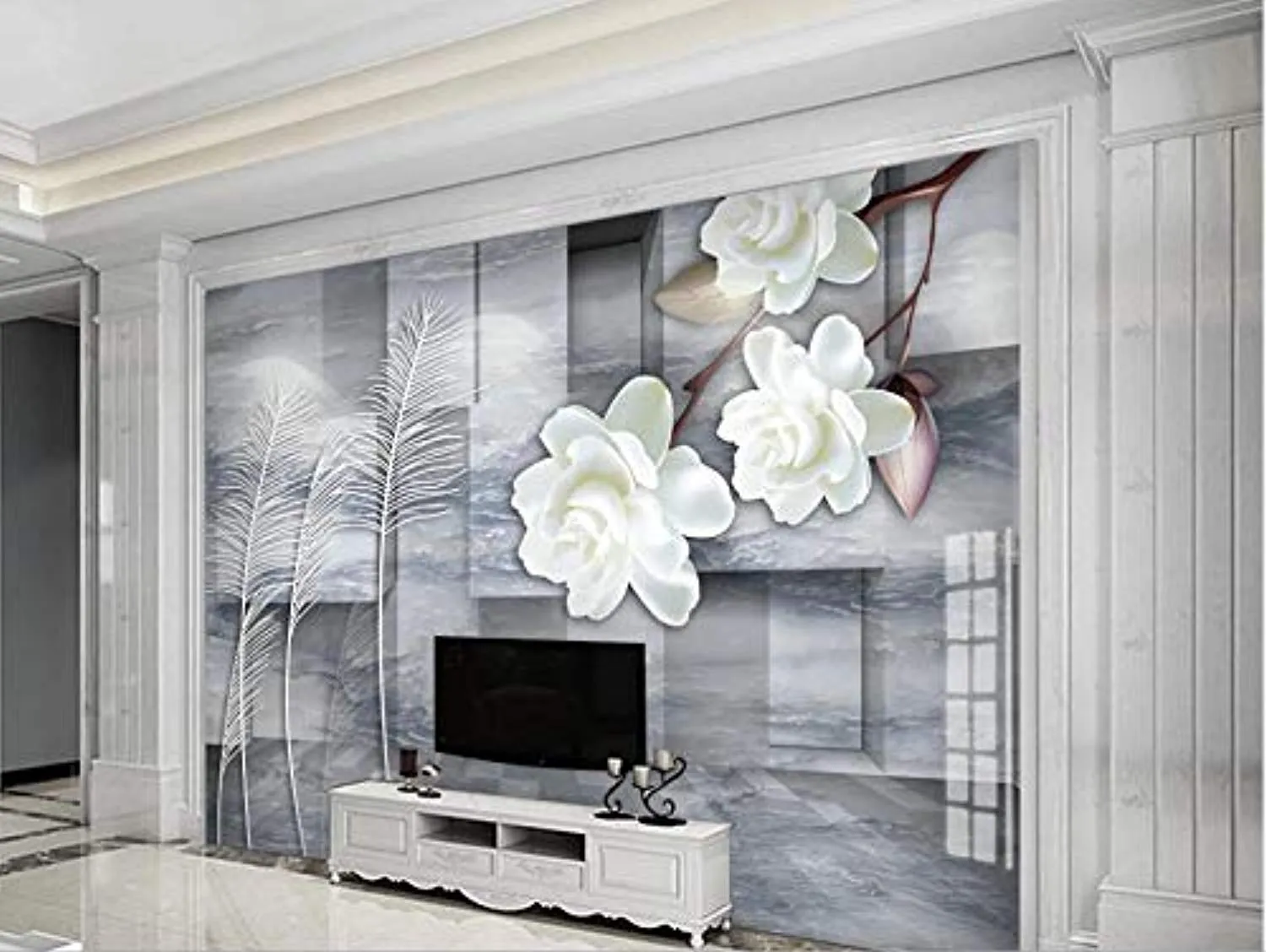 Wall Mural 3D Wallpaper Classical Gray Stone White Flowers