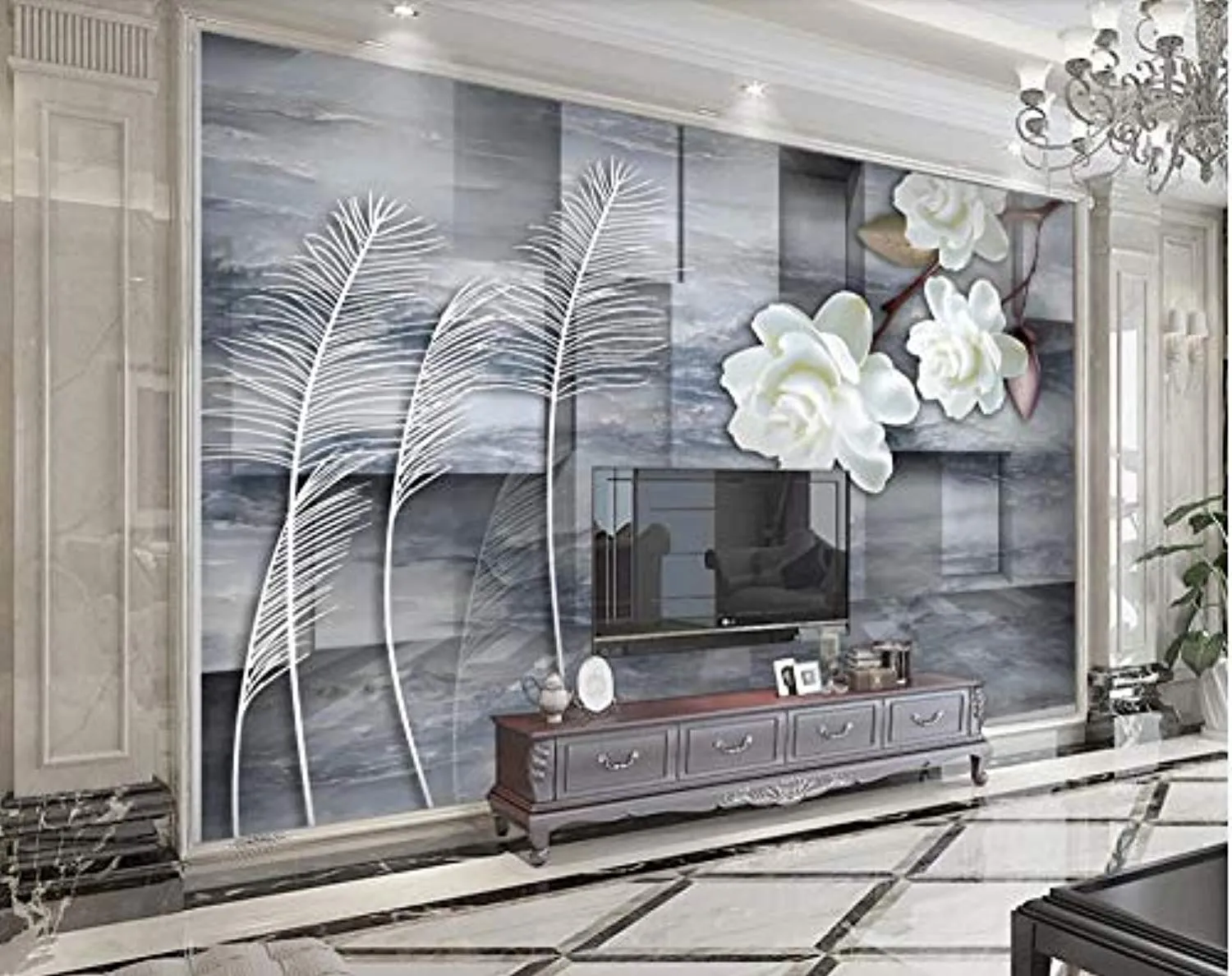 Wall Mural 3D Wallpaper Classical Gray Stone White Flowers