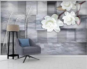 Wall Mural 3D Wallpaper Classical Gray Stone White Flowers