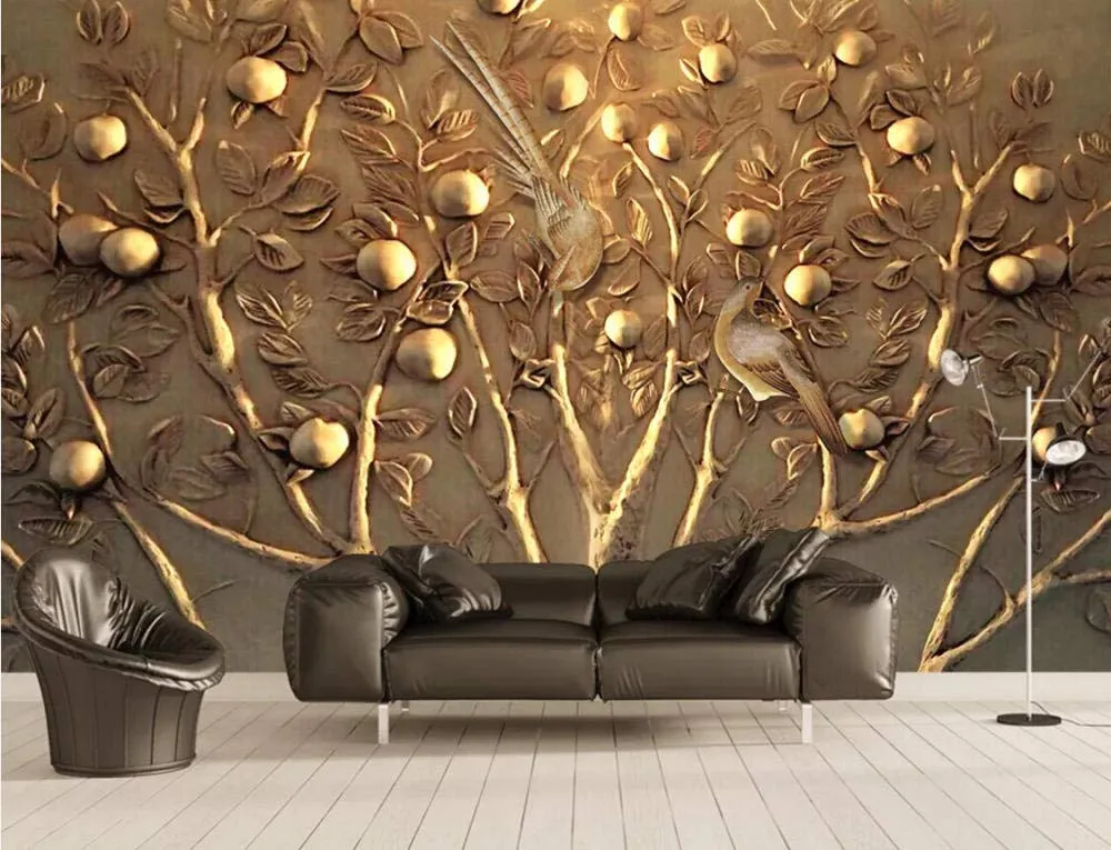 Wall Mural 3D Wallpaper Embossed Golden Tree Fruit Wall Decoration Art