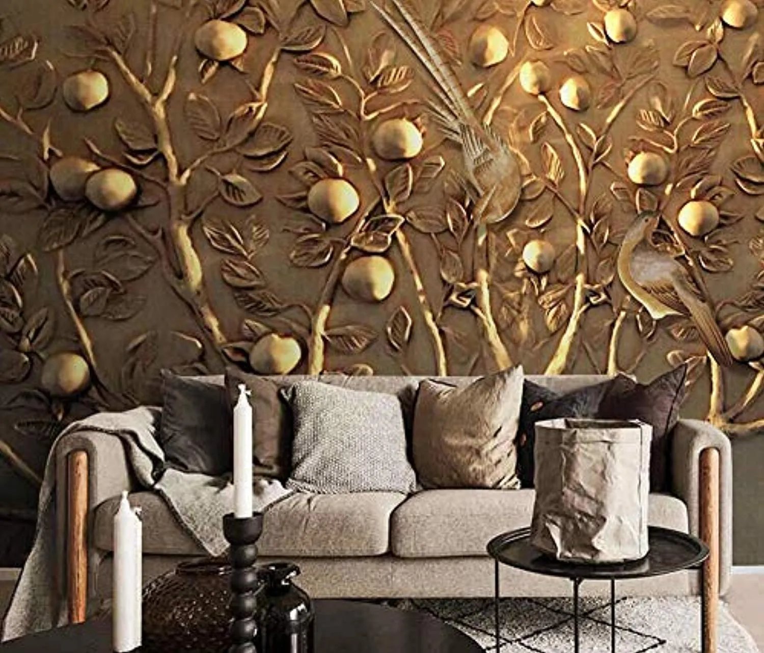 Wall Mural 3D Wallpaper Embossed Golden Tree Fruit Wall Decoration Art