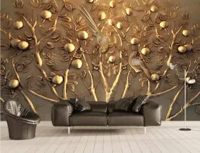 Wall Mural 3D Wallpaper Embossed Golden Tree Fruit Wall Decoration Art
