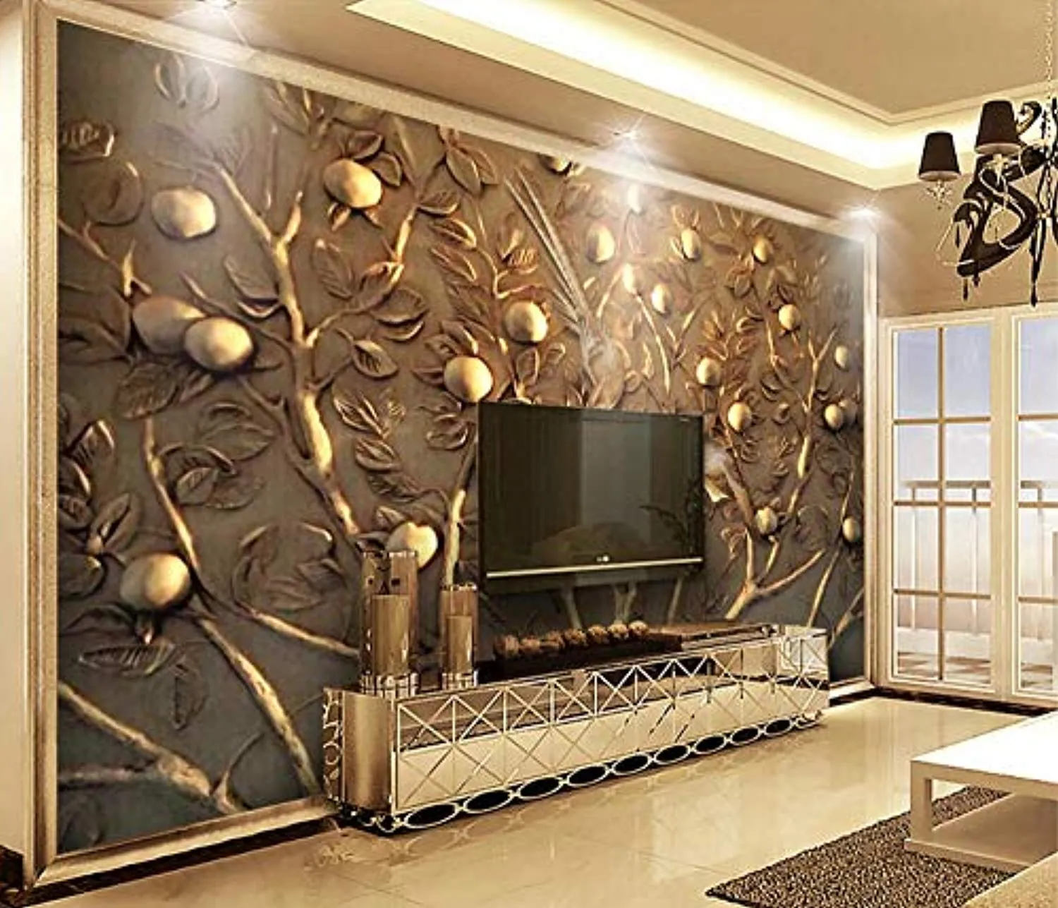 Wall Mural 3D Wallpaper Embossed Golden Tree Fruit Wall Decoration Art