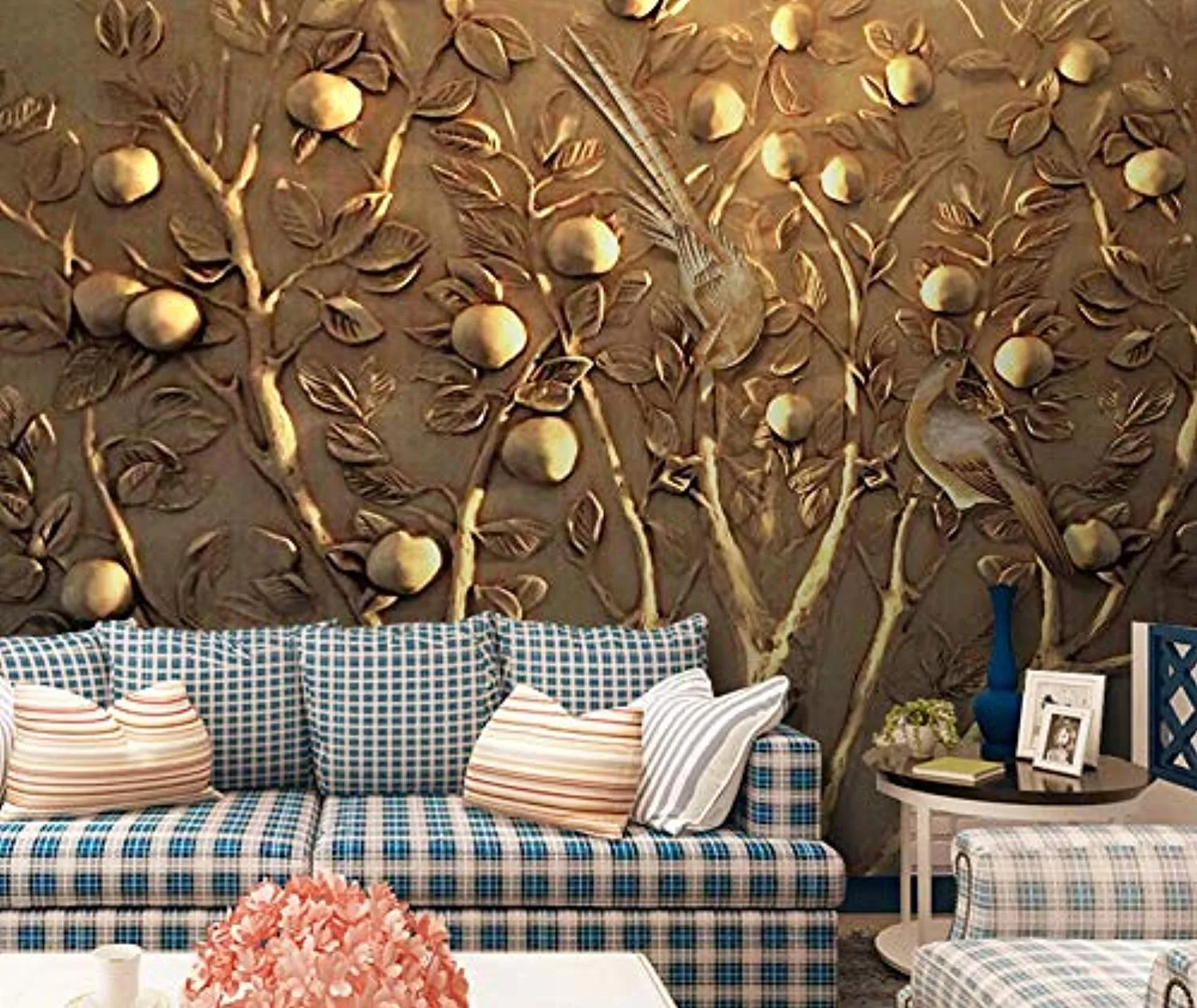 Wall Mural 3D Wallpaper Embossed Golden Tree Fruit Wall Decoration Art