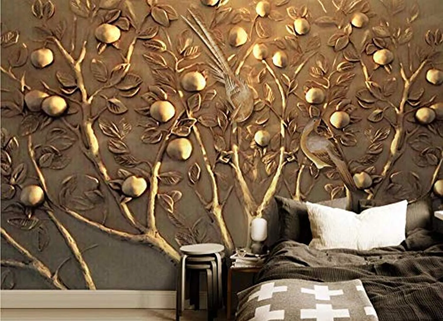Wall Mural 3D Wallpaper Embossed Golden Tree Fruit Wall Decoration Art