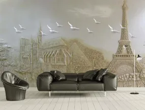 Wall Mural 3D Wallpaper Embossed Modern Minimalist Building Flying Pigeon Wall Decoration Art