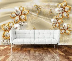 Wall Mural 3D Wallpaper Golden Modern Jewel Flower Silk Wall Decoration Art