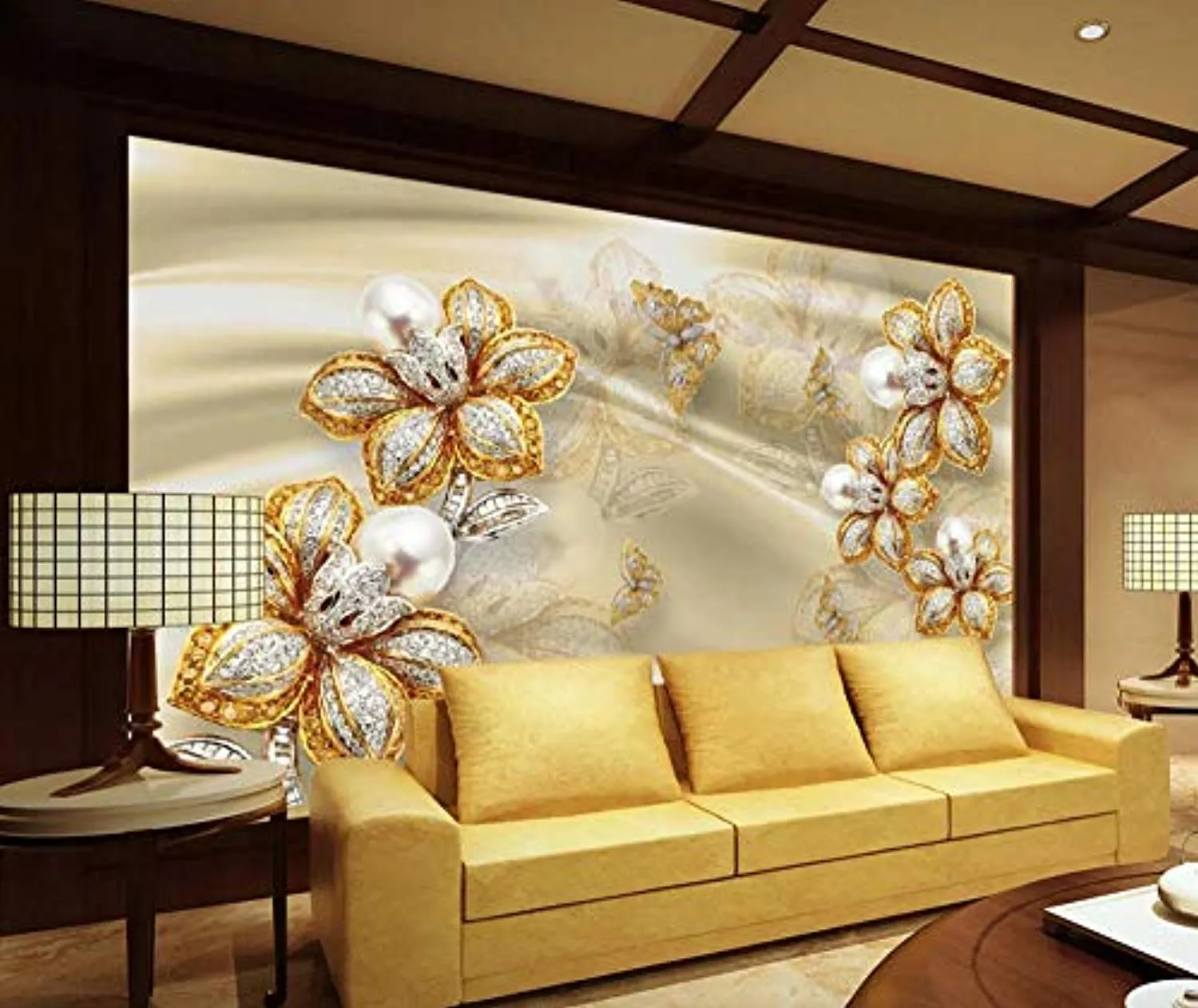 Wall Mural 3D Wallpaper Golden Modern Jewel Flower Silk Wall Decoration Art