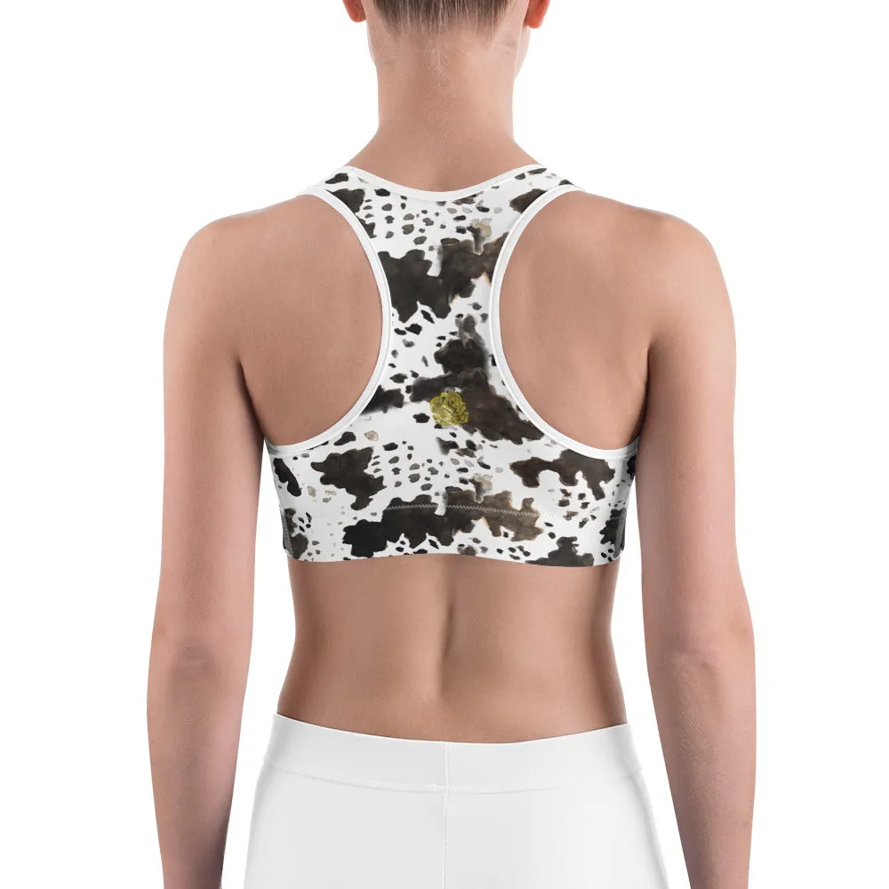 White Brown Cow Swimsuit, Cow Print Farm Animal Print Women's Sports Yoga Bra - Made in USA/ EU