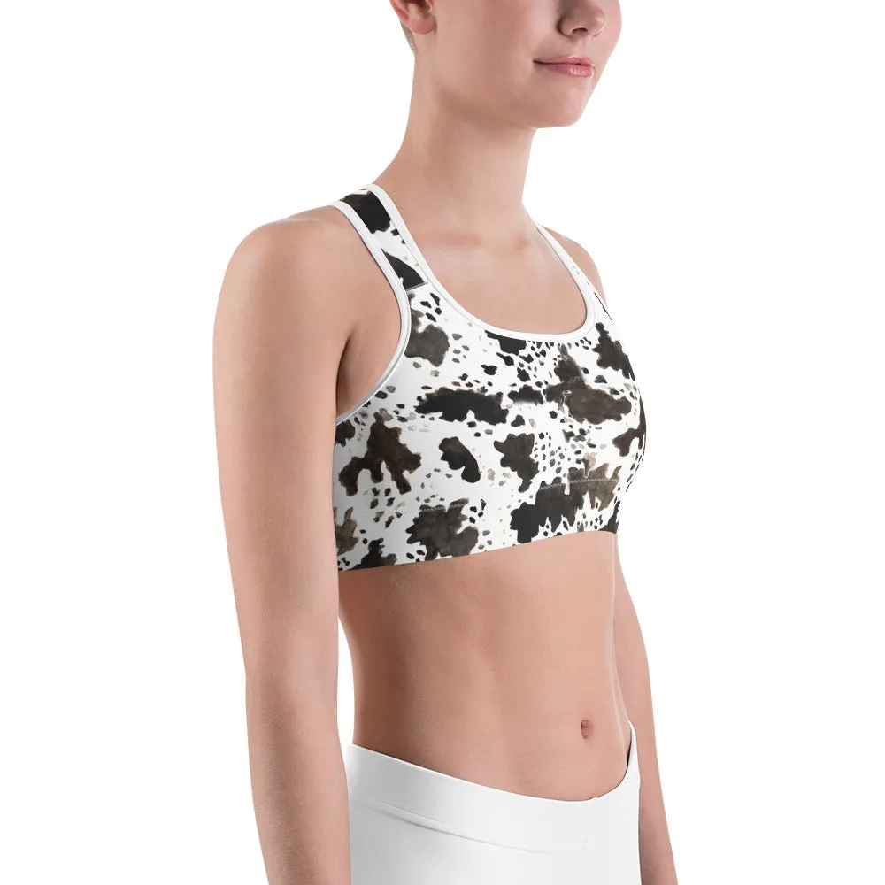 White Brown Cow Swimsuit, Cow Print Farm Animal Print Women's Sports Yoga Bra - Made in USA/ EU