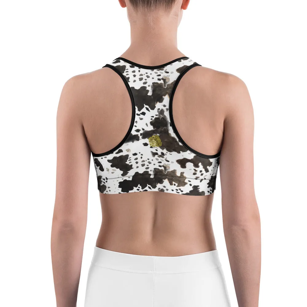 White Brown Cow Swimsuit, Cow Print Farm Animal Print Women's Sports Yoga Bra - Made in USA/ EU