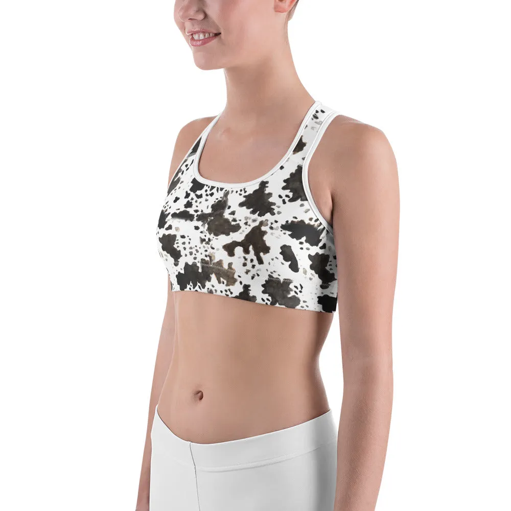 White Brown Cow Swimsuit, Cow Print Farm Animal Print Women's Sports Yoga Bra - Made in USA/ EU