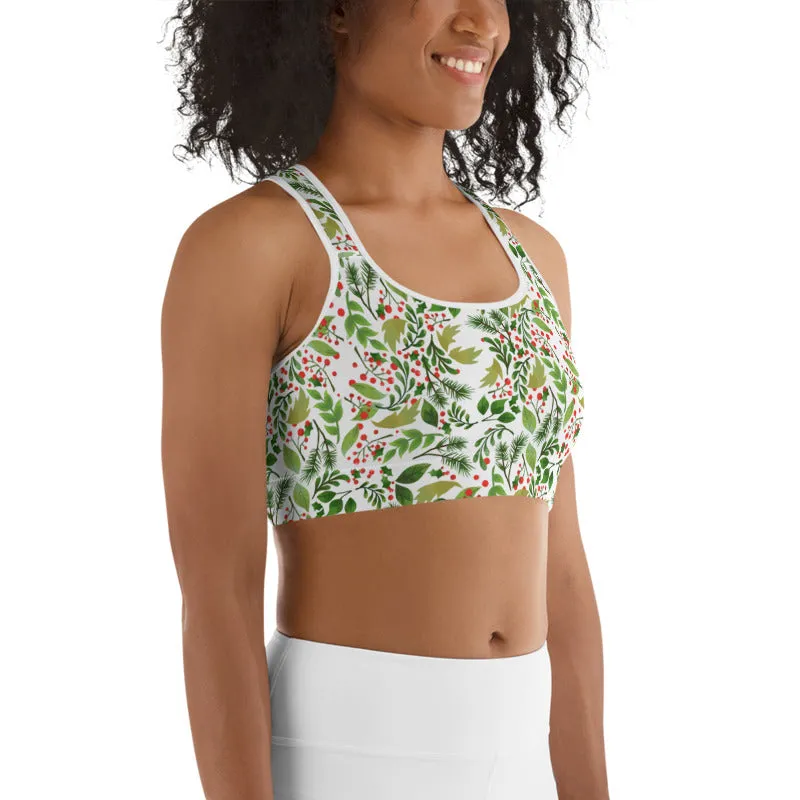 White Green Floral Christmas Print Women's Unpadded Sports Bra- Made in USA/ EU