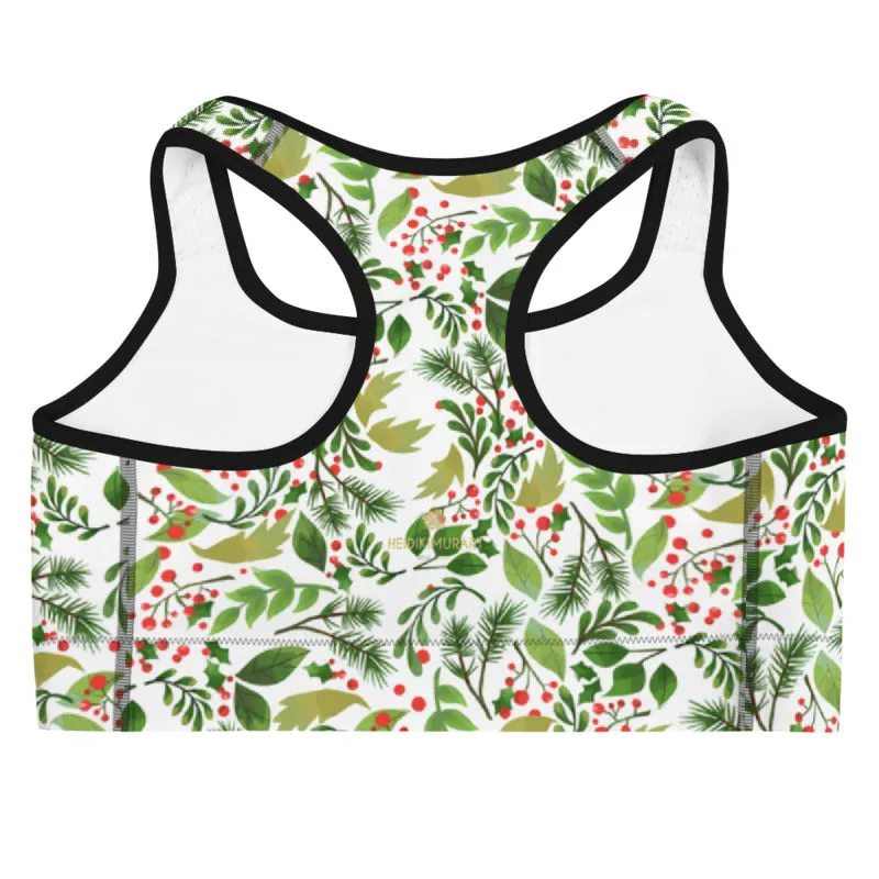 White Green Floral Christmas Print Women's Unpadded Sports Bra- Made in USA/ EU