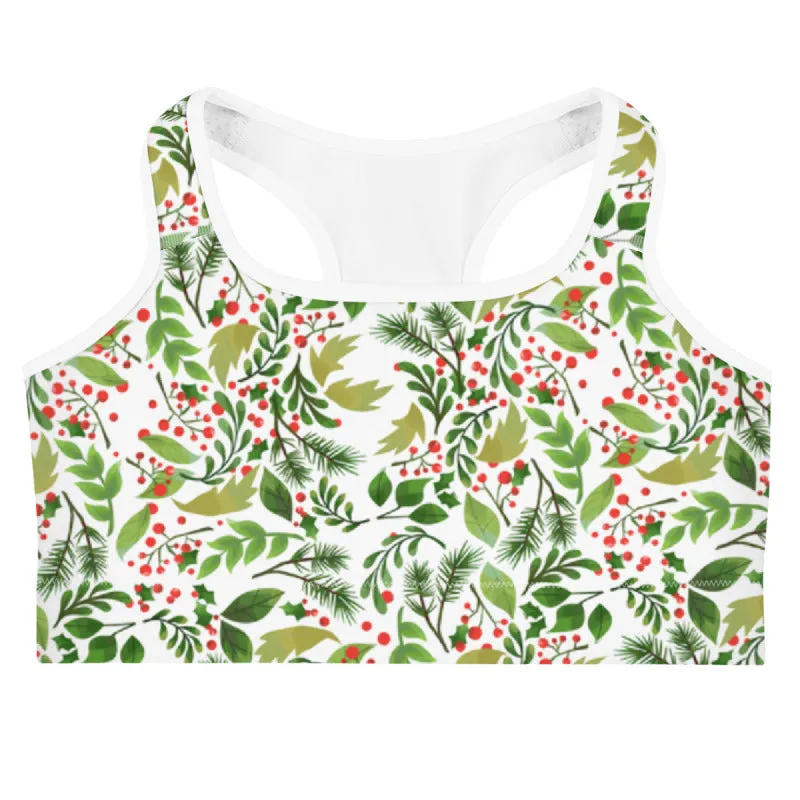 White Green Floral Christmas Print Women's Unpadded Sports Bra- Made in USA/ EU